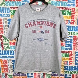 Vintage New England Patriots AFC Champs Tee Size L 2 In A Row Flaws Paint Stains